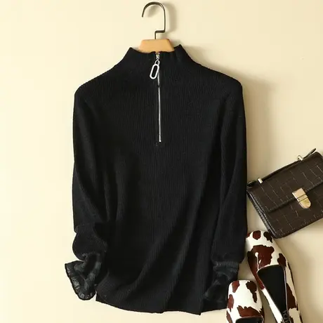 天鹅绒秋冬高领纯色套头毛衣女蕾丝长袖针织衫修身洋气打底衫上衣商品大图