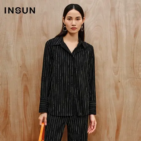 INSUN恩裳线上专选秋季翻领条纹落肩冰丝衬衫商品大图