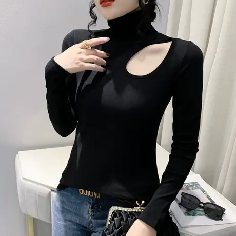 性感镂空打底衫女春秋2024新款内搭加厚磨毛上衣气质高领T恤长袖商品大图