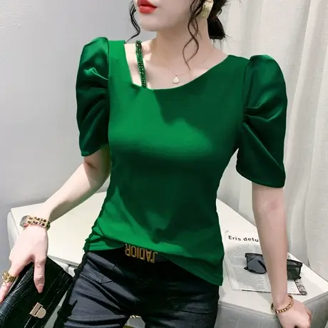 个性泡泡袖T恤女2024夏装新款性感气质小衫设计感小众网红上衣ins图片