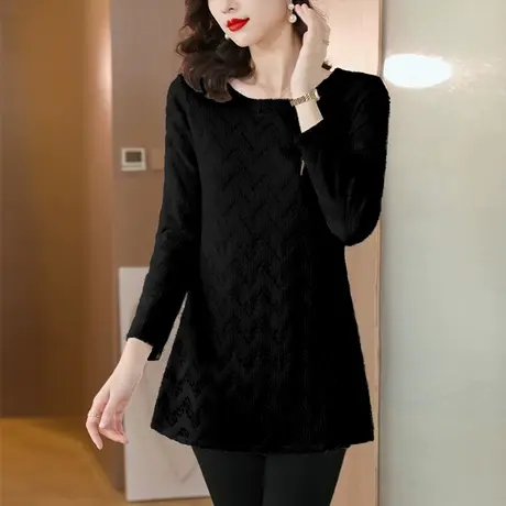 加绒加厚蕾丝打底衫女2023新款冬装中长款宽松遮肚子洋气女士上衣商品大图