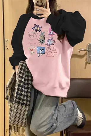 撞色拼接卫衣女2023新款爆款秋冬美式oversize外套宽松长袖上衣潮商品大图