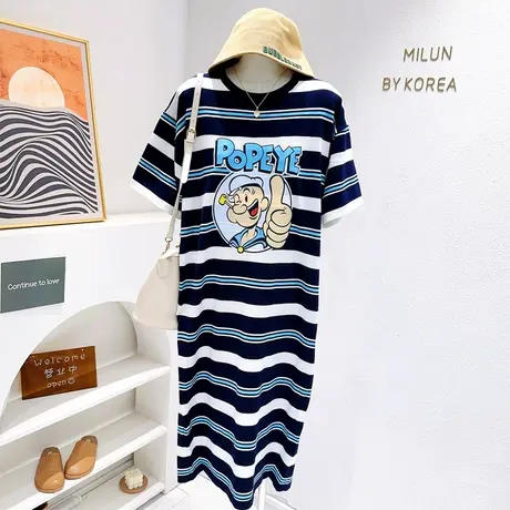 韩代款连衣裙夏季度假风慵懒休闲针织条纹长款T恤懒人裙微胖遮肉图片