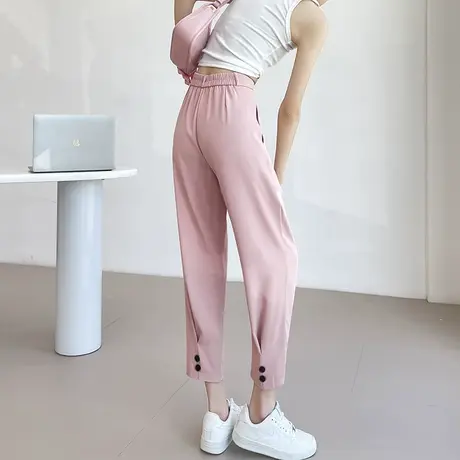 粉色冰丝西装裤女夏季薄款垂感显瘦哈伦九分休闲直筒哈伦烟管裤子商品大图