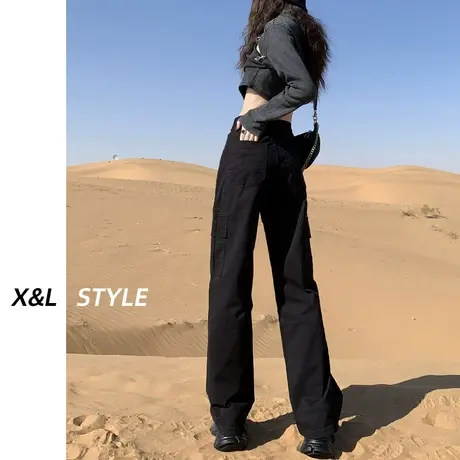 黑色美式直筒工装裤女秋冬2023新款加绒宽松休闲阔腿拖地牛仔长裤商品大图