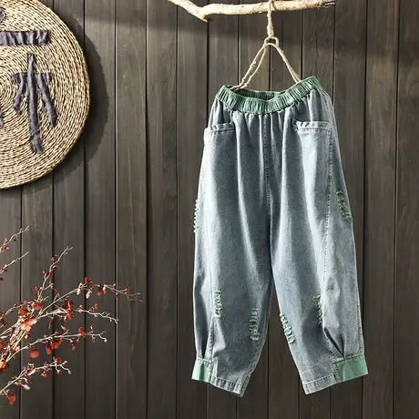 枫谜2020年夏季新款文艺复古破洞牛仔七分裤女拼色宽松牛仔哈伦裤图片