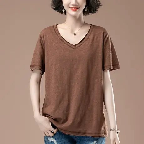 短袖t恤女夏装新款加肥加大码女装宽松中年妈妈遮肚子v领体恤上衣商品大图