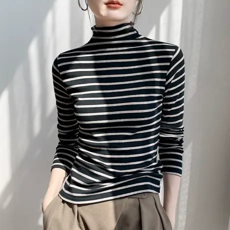 半高领磨毛长袖t恤女2023秋冬新品修身西装内搭打底衫黑条纹上衣图片