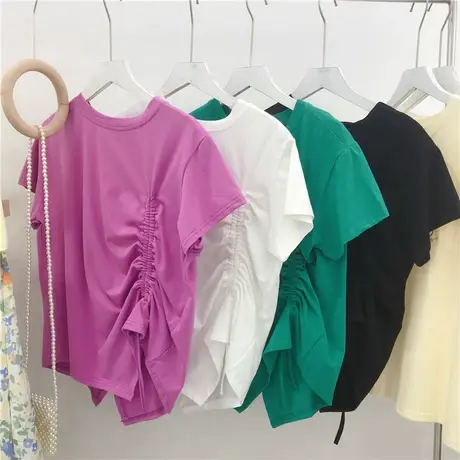 短袖t恤女ins潮2020夏季新款韩版宽松抽绳不规则设计感洋气上衣服商品大图