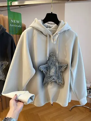 2023新款宽松牛仔五角星加绒加厚卫衣女秋冬季短款连帽一体绒上衣商品大图