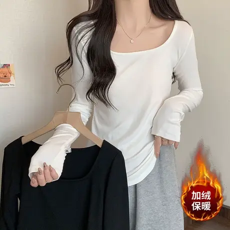 德绒方领正肩长袖T恤女秋冬季加绒保暖修身内搭打底小衫上衣ins潮图片