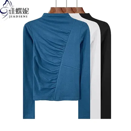 秋冬新款半高领修身显瘦褶皱纯欲纯棉纯色长袖体恤上衣女打底衫商品大图