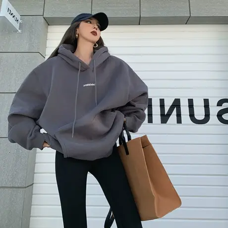 灰色连帽卫衣女美式hiphop高街加绒加厚冬季情侣装ins潮宽松上衣图片