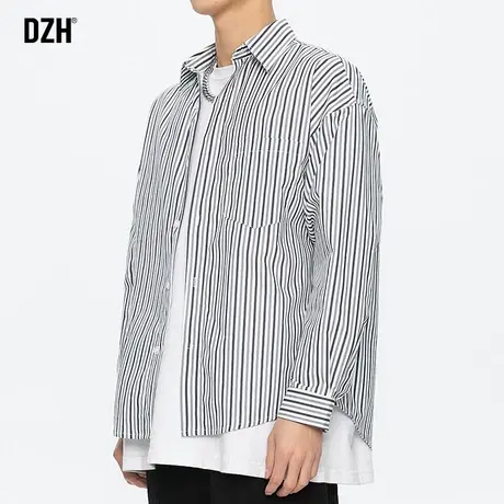 男士休闲条纹衬衫男春秋高级感宽松衬衣外套男装2024新款潮流上衣商品大图