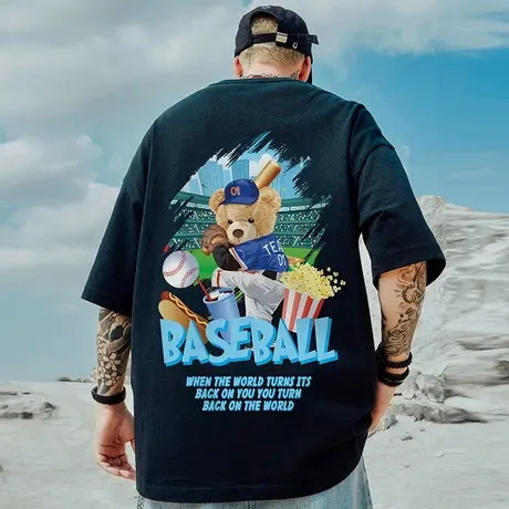 oversize美式潮牌大码胖子男装国潮熊猫宽松短袖T恤ins半袖体恤夏商品大图