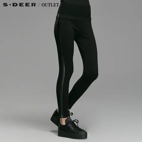 s.deer【上新】圣迪奥正品皮质饰边修身松紧高腰长裤S14380871商品大图