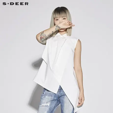 sdeer圣迪奥2018新款女夏翻领搭片无袖不规则摆短袖衬衫S18280601图片