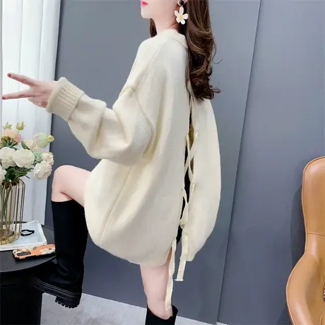 设计感后背绑带V领毛衣女套头秋冬新款宽松慵懒风百搭软糯针织衫商品大图