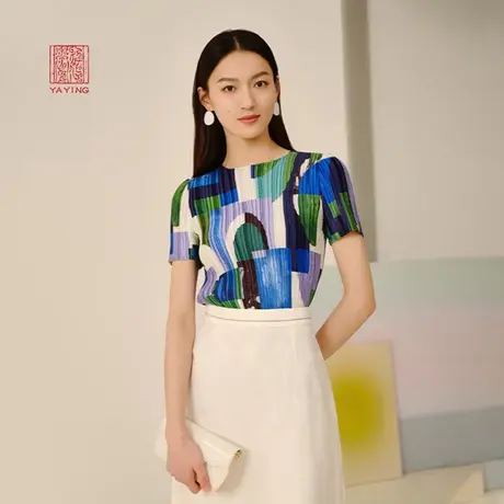 EP雅莹高端系列 修身弹力压褶短袖油画衬衫 2023新款2319A商品大图