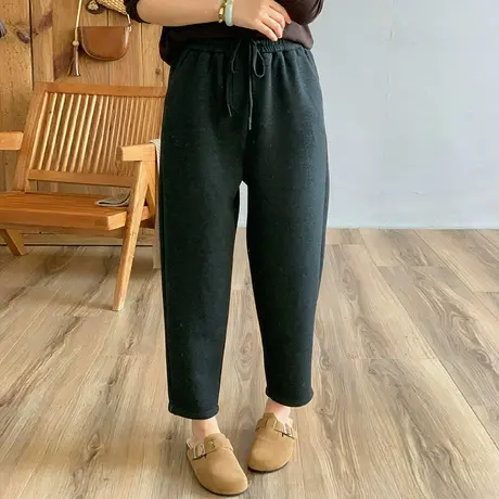 dza 高腰显瘦宽松直筒加绒裤子女冬外穿百搭哈伦裤休闲黑色复古裤商品大图