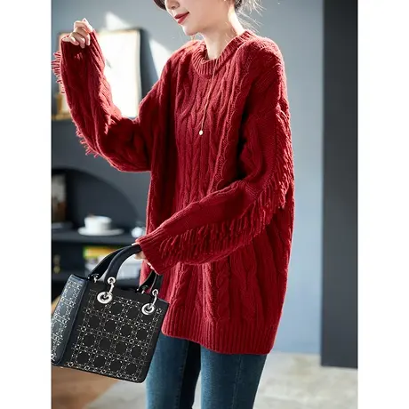 宝诗黎圆领流苏慵懒麻花羊毛针织衫女春秋季2024新款纯色宽松毛衣图片
