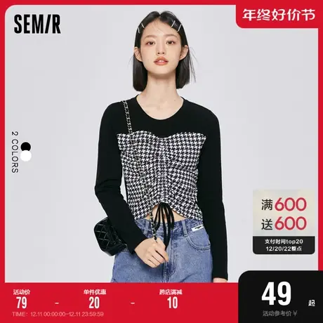 森马长袖T恤女短款拼接千鸟格小心机2022秋季新款时尚针织衫复古商品大图