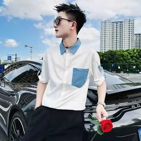 夏季男衬衫短袖衬衣中袖潮流休闲帅气韩版INS五分袖撞色设计上衣商品大图