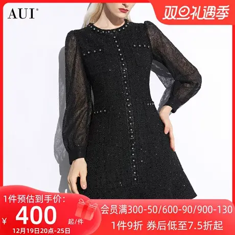 AUI黑色气质显瘦小香风连衣裙女2023秋冬新款御姐蕾丝泡泡袖中裙图片