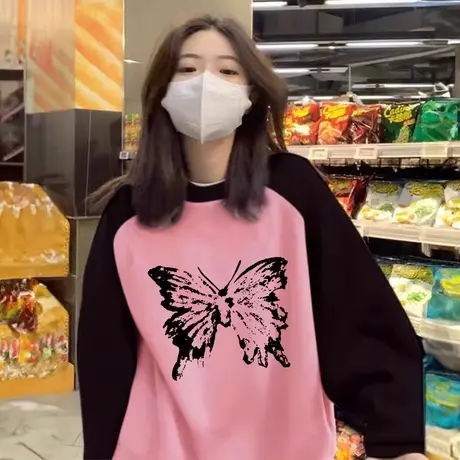 设计感小众加绒加厚圆领卫衣女秋冬韩版百搭宽松显瘦插肩长袖上衣图片