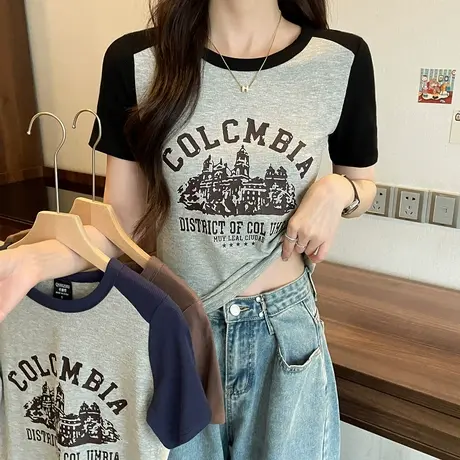 辣妹正肩短袖T恤女夏季2023甜辣美式复古设计感小众独特短款上衣商品大图