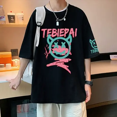 港风短袖t恤男夏季ins潮牌笑脸小恶魔印花体恤宽松半袖上衣打底衫商品大图
