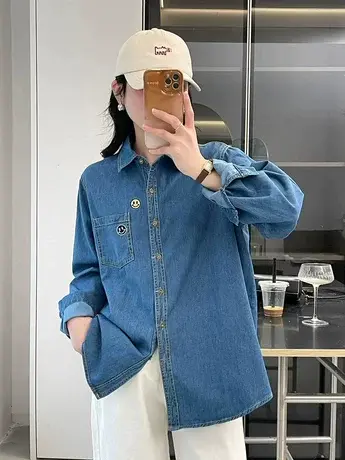 卡通刺绣翻领休闲牛仔衬衫2024年早春韩版叠穿洋气学院风衬衣潮款商品大图