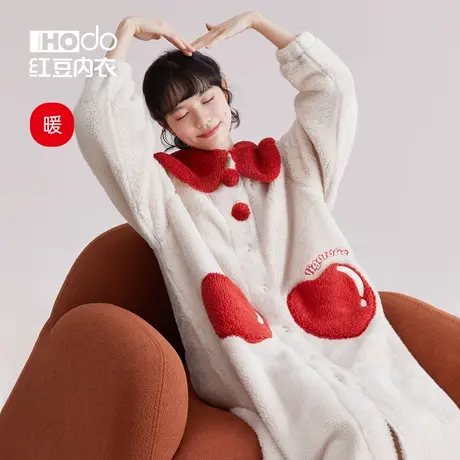 红豆女士睡袍长绒冬季加厚浴袍可外穿加绒中长款珊瑚绒睡衣家居服图片