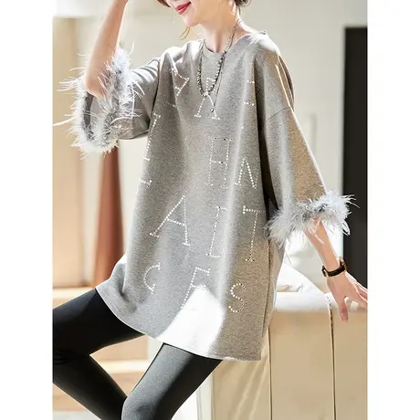 宝诗黎中长款字母烫钻T恤2024春季新款设计感流苏五分袖休闲上衣图片