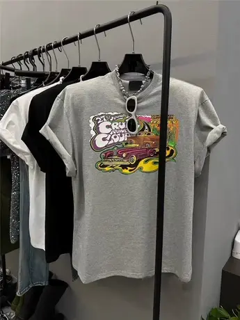 韩国东大门夏季新款减龄卡通汽车字母印花宽松垫肩短袖T恤女上衣图片