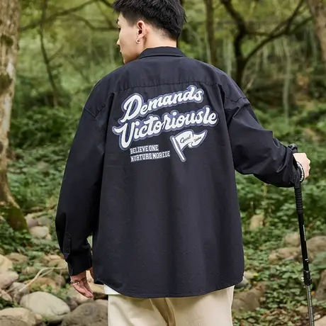 唐狮春秋季日系长袖衬衫男白衬衫印花设计感外套宽松休闲衬衣潮商品大图