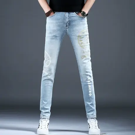 男士新款春秋牛仔裤男款时尚烫钻精致百搭小脚花裤子潮流美式高街商品大图