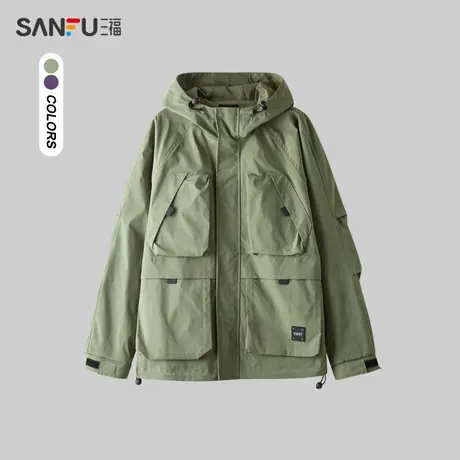 三福2024春季男士机能多袋夹克 街头潮流连帽插肩袖外套482383商品大图