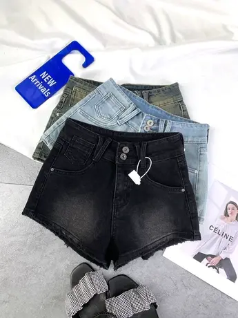 欧货两粒扣弹力牛仔短裤2024春夏新款高腰显瘦百搭性感辣妹包臀裤图片