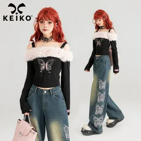 KEIKO 复古蝴蝶印花吊带上衣2024春夏个性毛绒饰一字肩显瘦打底衫商品大图