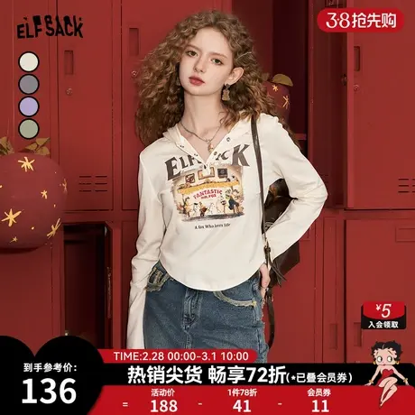 妖精的口袋复古印花修身长袖t恤女2024早春新款bm风短款辣妹上衣商品大图