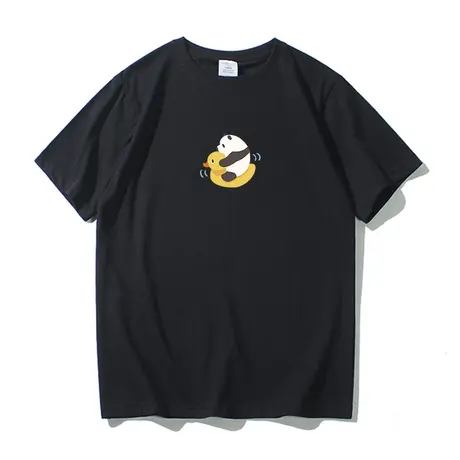夏季新款港风潮牌卡通熊猫骑小鸭印花t恤男学生纯棉宽松情侣短袖图片