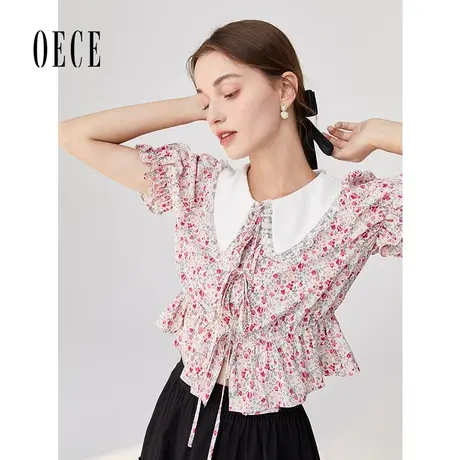Oece夏装新款女装文艺桃气粉显白花边翻领短袖碎花上衣图片
