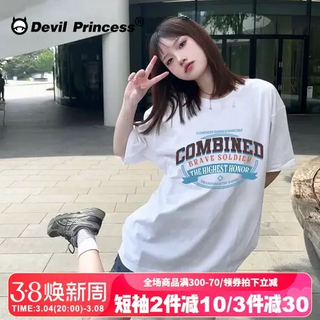 vintage设计感简约风字母印花白色正肩t恤女宽松通勤百搭半袖上衣商品大图