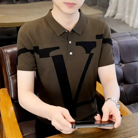 轻奢高端翻领短袖T恤男士夏季时尚商务POLO衫大V刺绣针织冰丝半袖商品大图