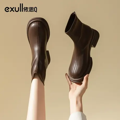 依思q棕色短靴女靴2023新款爆款秋冬加绒平底靴子冬季软皮马丁靴商品大图