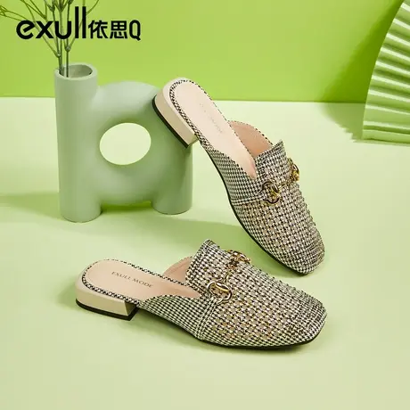 依思q包头凉拖鞋女2024秋新款小香风妈妈外穿水钻粗跟穆勒鞋半拖图片