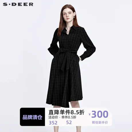 sdeer圣迪奥女装V领斜襟收腰撞色格纹衬衫连衣裙S22161212图片