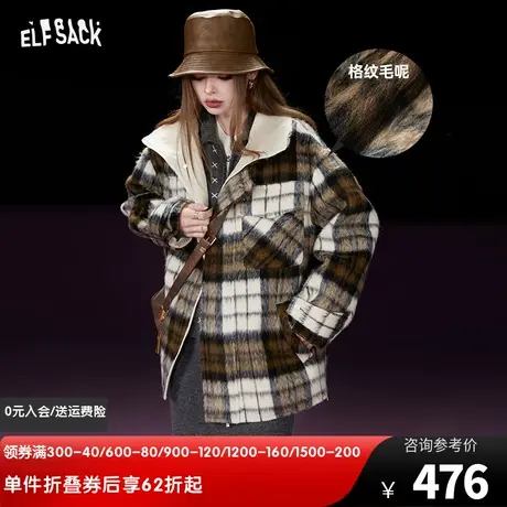 妖精的口袋格纹毛呢大衣女2023冬季新款小个子工装设计感呢子外套图片