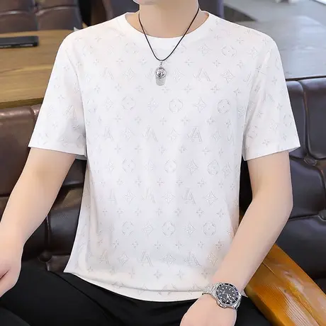 时尚潮流男士冰丝短袖t恤夏季高端百搭印花圆领体恤青年半袖上衣商品大图